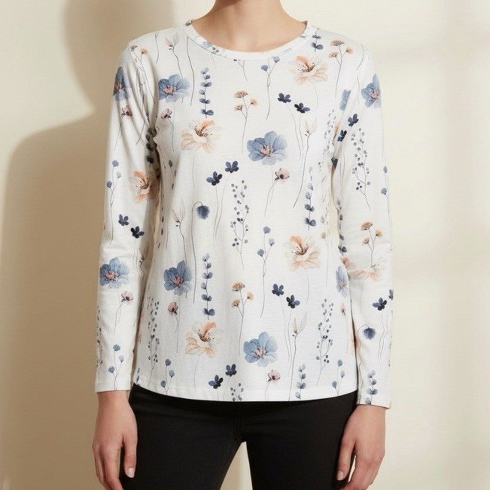 Exclusive Floral Print Long Sleeve Top Women Size L White Botanical Recycled
